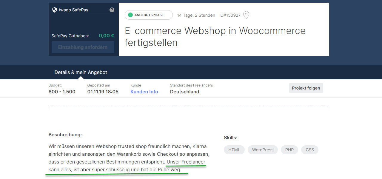 Ausschreibung bei Twago: E-Commerce Webshop in WooCommerce fertigstellen.